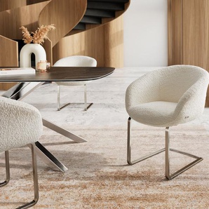 Freischwinger Vinka-Flex mit Armlehnen Bouclé Weiß Freischwinger flach Edelstahl Taschenfederkern, Esszimmerstühle