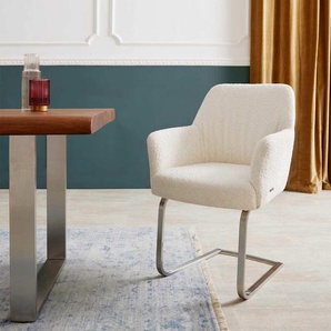 Freischwinger Xana-Flex mit Armlehnen Bouclé Weiß Freischwinger flach Edelstahl Taschenfederkern, Esszimmerstühle