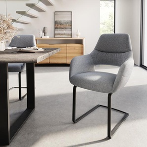 Freischwinger Yago-Flex mit Armlehnen Strukturstoff Hellgrau Freischwinger flach Schwarz Taschenfederkern, Esszimmerstühle