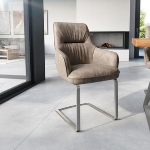 Freischwinger Zelia-Flex mit Armlehnen Mikrofaser Taupe Vintage Freischwinger flach Edelstahl Taschenfederkern, Esszimmerstühle