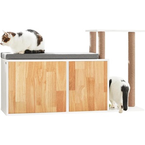 FSR135-WN Katzenhaus Katzenklo Schrank mit Kratzbaum Schuhbank mit Katzenhaus Sitztruhe Truhenbank Sitzbank mit Sitzfläche Haustier Haus Tierhaus Katzenhöhle Weiß-Natur BHT ca.: 110x65x35cm