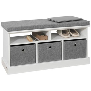 FSR67-HG Schuhtruhe Sitzkommode Schuhschrank mit 3 grauen Körben und Ablage Sitzbank mit Sitzkissen Spielzeugkiste weiß BHT ca.: 96x50x35cm