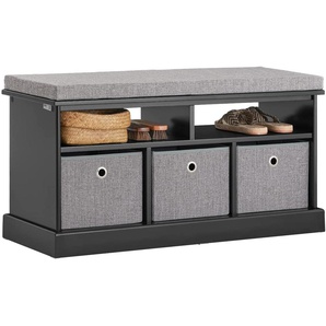 FSR67-SCH Schuhtruhe Sitzkommode Schuhschrank mit 3 grauen Körben und Ablage Sitzbank mit Sitzkissen Spielzeugkiste Schwarz BHT ca.: 95x49x35cm