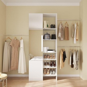 FUFU&GAGA Kleiderschrank mit Spiegel, 4 Schubladen und Verstellbaren Stangen, Offenen Regalen, Weiß, MDF, 244 x 40 x 200 cm, Stangen Teleskopauszug bis 364 cm KF460065-01