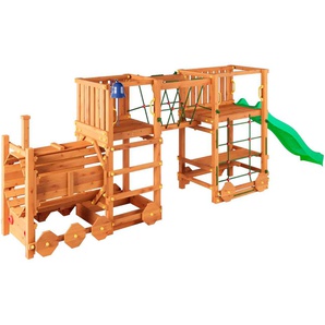 FUNGOO Spielturm Loco Express, mit Rutsche, Dampflok-Tunnel, Holzdach u. Spielelementen, Made in Europe