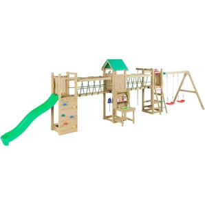 FUNGOO Spielturm Maxi Funny Space Longer, mit Rutsche, Doppelschaukel, Kletterwand, Picknicktisch, Made in Europe