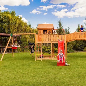 FUNGOO Spielturm MAXI SET SMILE FARM, mit Schaukel & Rutsche, Klettererweiterung, Spielhaus, Sandkasten