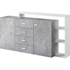 Furniture24 Kommode BOTA 27 Sideboard mit Aufsatz 2 Türen 4 Schubladen Beton Colorado/Weiß