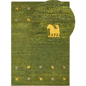 Gabbeh Teppich Grün aus Wolle 160 x 230 cm Rechteckig Hochflor mit Tier Muster Western Motiv Weich für Wohnzimmer Kinderzimmer Schlafzimmer