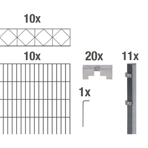 ALBERTS Doppelstabmattenzaun Bergen Zaunelemente anthrazit, 120 cm hoch, 10 Matten für 20 m, 11 Pfosten Gr. H/L: 120 cm x 20 m, grau (anthrazit) Zaunelemente