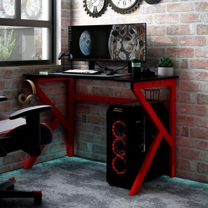 Gaming Schreibtisch mit K-Gestell Schwarz und Rot Ergonomischer Gaming-Schreibtisch, Home-Office-PC-Computertisch mit Headset- und Controller-Fach und Getränkehalter Schwarz, Rot Spanplatte, Eisen110x60x75 cm (LxBxH)