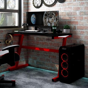 Gaming-Schreibtisch mit LED & Z-Gestell Schwarz Rot Ergonomischer Gaming-Schreibtisch, Home-Office-PC-Computertisch mit Headset- und Controller-Fach und Getränkehalter Schwarz, Rot Spanplatte, Eisen110x60x75 cm (LxBxH)
