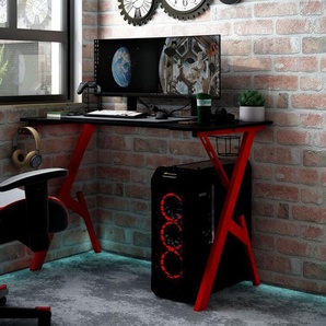 Gaming Schreibtisch mit Y-Gestell Schwarz und Rot Ergonomischer Gaming-Schreibtisch, Home-Office-PC-Computertisch mit Headset- und Controller-Fach und Getränkehalter Schwarz, Rot Spanplatte, Eisen110x60x75 cm (LxBxH)