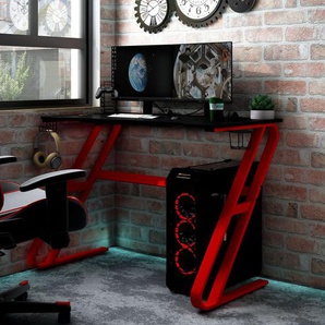 Gaming-Schreibtisch mit ZZ-Gestell Schwarz Rot Ergonomischer Gaming-Schreibtisch, Home-Office-PC-Computertisch mit Headset- und Controller-Fach und Getränkehalter Schwarz, Rot Spanplatte, Eisen110x60x75 cm (LxBxH)