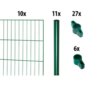 GARDEN N MORE Einstabmattenzaun mit Rundpfosten Zaunelemente 10 Elemente für 20 m, LxH: 200 x 103 cm, mit 11 Pfosten Gr. H/L: 100 cm x 20 m H/L: 100 cm x 20 cm, grün Zaunelemente