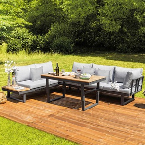 Gardenson Loungegarnitur, Anthrazit, Braun, Grau, Holz, Metall, 17-teilig, Akazie, Hartholz, Füllung: Polyester, L-Form, 210x75x210 cm, Tisch