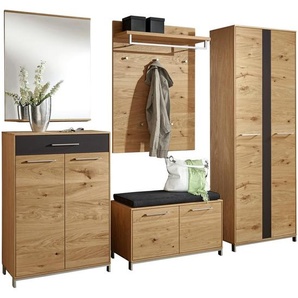 Garderobe, Anthrazit, Eiche, Holz, Glas, Textil, 6-teilig, Eiche, Balkeneiche, furniert, teilmassiv, 250x195x40 cm, Goldenes M, Made in Germany, DGM-Klimapakt, Garderobe, Garderoben-Sets & Serien, Garderoben-Sets