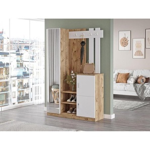 Garderobe mit 3 Türen & 1 Spiegel - Weiß & Holzfarben - MIROTA