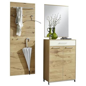 Garderobe, Weiß, Eiche, Holz, Glas, 3-teilig, Eiche, Balkeneiche, furniert, teilmassiv, 140x195x37 cm, Made in Germany, Garderobe, Garderoben-Sets