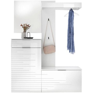 Garderobe, Weiß, Weiß Hochglanz, Holzwerkstoff, 4-teilig, 140x190x38 cm, Garderobe, Garderoben-Sets & Serien