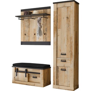 Garderoben-Set HOME AFFAIRE SHERWOOD Kastenmöbel-Sets Gr. B/H/T: 164 cm x 201 cm x 43 cm, braun (old style hell dekor) Garderoben-Sets mit Scheunentorbeschlag, Apothekergriffe aus Metall, Breite ca. 164 cm