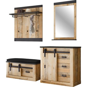 Garderoben-Set HOME AFFAIRE SHERWOOD Kastenmöbel-Sets Gr. B/H/T: 206 cm x 200 cm x 43 cm, braun (old style hell dekor) Garderoben-Sets mit Scheunentorbeschlag, Apothekergriffe aus Metall