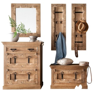 Garderoben-Set SIT Kastenmöbel-Sets Gr. 1 großer Schuhschrank, 1 kleiner Schuhschrank, 2 Garderobenpaneele, 1 Spiegel, beige (natur) Garderoben-Sets Front mit aufwändigen Schnitzereien, Ringgriffe & Beschläge aus Metall