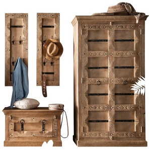 Garderoben-Set SIT Kastenmöbel-Sets Gr. 1 Schuhschrank, 2 Garderobenpaneele, 1 Kleiderschrank, beige (natur) Garderoben-Sets Front mit aufwändigen Schnitzereien, Ringgriffe & Beschläge aus Metall