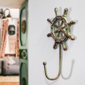 Garderobenhaken, aus Eisen, grün, Steuerrad, Maritim