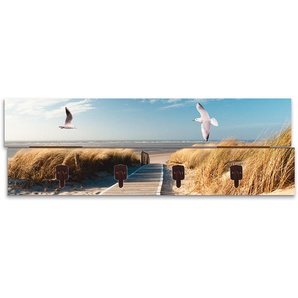 Garderobenleiste ARTLAND Nordseestrand auf Langeoog mit Möwen Garderobenhalter Gr. B/H/T: 90 cm x 30 cm x 2,8 cm, blau Garderobenpaneel Haken Garderobenpaneele teilmontiert