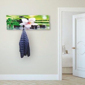 Garderobenleiste ARTLAND Spa Steine Bambus Zweige Orchidee Garderobenhalter Gr. B/H/T: 90 cm x 30 cm x 2,8 cm, grün Haken teilmontiert
