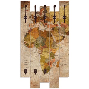 Garderobenleiste ARTLAND Weltkarte Garderobenhalter Gr. B/H/T: 63 cm x 114 cm x 2,8 cm, braun Haken teilmontiert