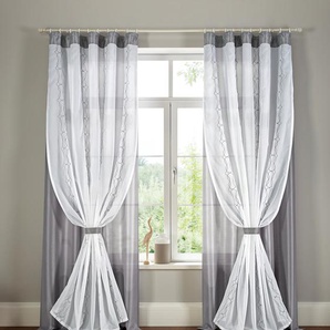 Gardine HOME AFFAIRE Blair Gardinen Gr. 175 cm, Kräuselband, 140 cm, grau (weiß, grau) Landhaus Gardinen Gardine Doppellagig mit transparentem Voile und Stofflage in Seidenoptik