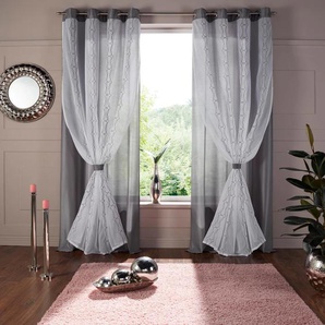 Gardine HOME AFFAIRE Blair Gardinen Gr. 175 cm, Ösen, 140 cm, grau (weiß, grau) Landhaus Gardinen doppellagig, transparente Stofflage mit Stickerei und in Seiden Optik