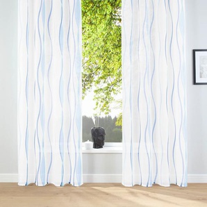 Gardine MY HOME Dimona Gardinen Gr. 295 cm, Ösen, 140 cm, weiß (weiß, blau) Ösen 2-er Set, transparent, Voile, Polyester, Wellen
