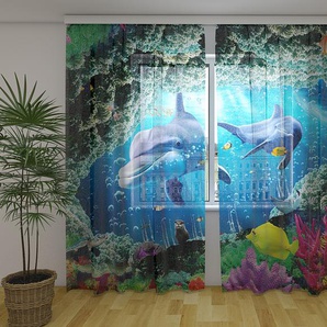 Gardinen & Vorhänge aus Chiffon transparent. Fotogardinen 3D Beautiful Sea with Dolphins