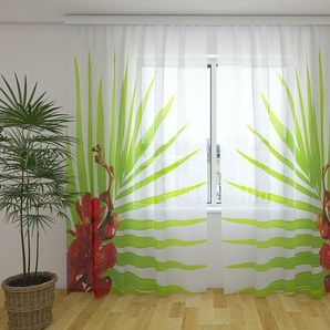 Gardinen & Vorhänge aus Chiffon transparent. Fotogardinen 3D Palm Leaves with Red Orchids Palomino Horse in the Flowers Field