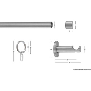 Gardinenstange EASY, GARESA, Ø 20 mm, 1-läufig, Wunschmaßlänge, Vorhanggarnitur, verlängerbar, Wandmont., Endkappe, Alu, mit Ringe