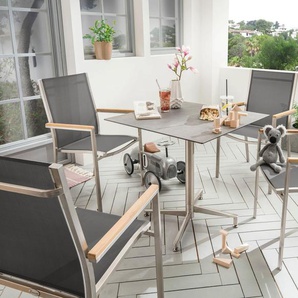 Garten-Essgruppe DESTINY MACAO LOFT Sitzmöbel-Sets silberfarben (edelstahl gebürstet) Outdoor Möbel Edelstahl, 4 Stapelsessel Textilene anthrazit, Tisch HPL Platte