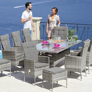 Garten-Essgruppe KONIFERA Belluno Sitzmöbel-Sets Gr. Ohne Hocker, grau Outdoor Möbel 8 Sessel, Tisch 200x100 cm, Polyrattan