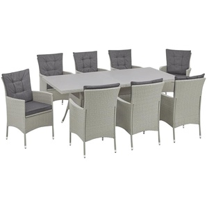 Garten-Essgruppe KONIFERA Mailand Sitzmöbel-Sets grau Outdoor Möbel 8 Sessel, Tisch 200x100 cm, Polyrattan