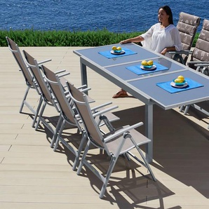 Garten-Essgruppe MERXX Amalfi Sitzmöbel-Sets grau (taupe) Outdoor Möbel 8 Hochlehner, Tisch ausziehbar 100x180-240 cm, AluTextil