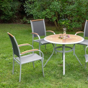 Garten-Essgruppe MERXX Siena Sitzmöbel-Sets silberfarben (silberfarben, schwarz, silberfarben) Outdoor Möbel 4 Sessel, stapelbar, Tisch ØHöhe: 100x75 cm, Akazie geölt
