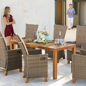 Garten-Essgruppe MERXX Toskana Deluxe, beige (natur), Obermaterial: 100% Polyester. Füllung: 100% Polyurethan, Sitzmöbel-Sets, Aluminium, Polyrattan, Akazienholz FSC 100 %, geeignet für 6 Personen, Topseller