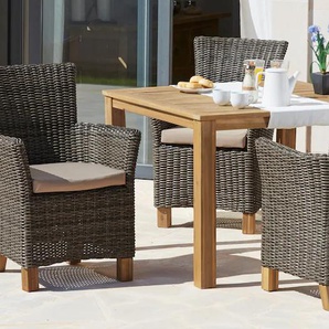 Garten-Essgruppe MERXX Toskana Sitzmöbel-Sets braun (hellbraun) Outdoor Möbel 4 Sessel, Tisch 110x110x75 cm, PolyrattanAkazie