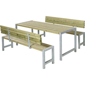 Garten-Essgruppe PLUS Plankengarnituren Sitzmöbel-Sets Gr. B/H/T: 185 cm x 81 cm x 186 cm, beige (natur) Outdoor Möbel bestehend aus: Tisch und 2 Bänke + Rückenlehnen