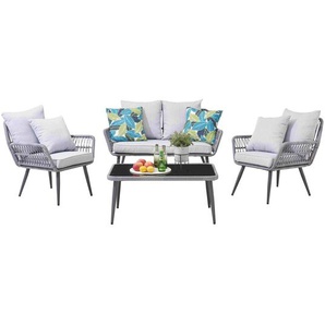 Garten Sitzgruppe Polyrattan, für 4 Personen, 2 Stühle, 1 Bank, 1 Couchtisch, inklusive Sitz- und Rückenkissen - Gartenmöbel Set, Gartengarnitur