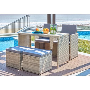 Garten Sitzgruppe Polyrattan, für 4 Personen, 2 Stühle, 2 Hocker, 4 Sitzkissen+2 Rückenkissen, 1 Tisch - Gartenmöbel Set, Gartengarnitur