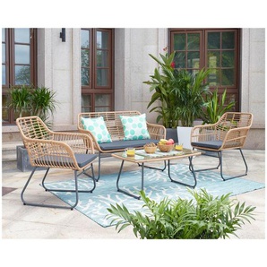 Garten Sitzgruppe Polyrattan, für 4 Personen, 2 Stühle, 2 Sitzkissen, 1 Bank, 1 Bankauflage, 1 Couchtisch - Gartenmöbel Set, Gartengarnitur