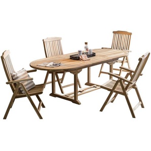 Garten Sitzgruppe Teak Holz, für 4 Personen, 4 Armlehnstühle, 1 Tisch - Gartenmöbel Set, Gartengarnitur